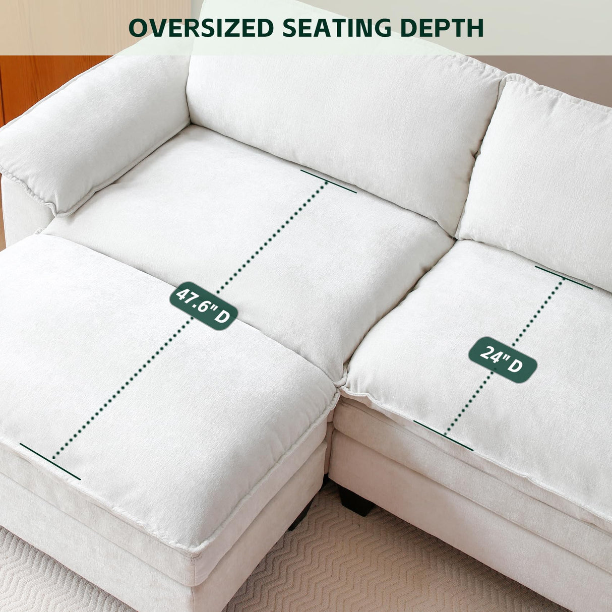 mestyl Comfy Sectional Couch with Ottoman, L Shaped 3 Deep Seat Fluffy Cloud Sofa, 120" Modern Modular Soft Couches Set for Living Room, Chenille, Beige White, MT001 mestyl