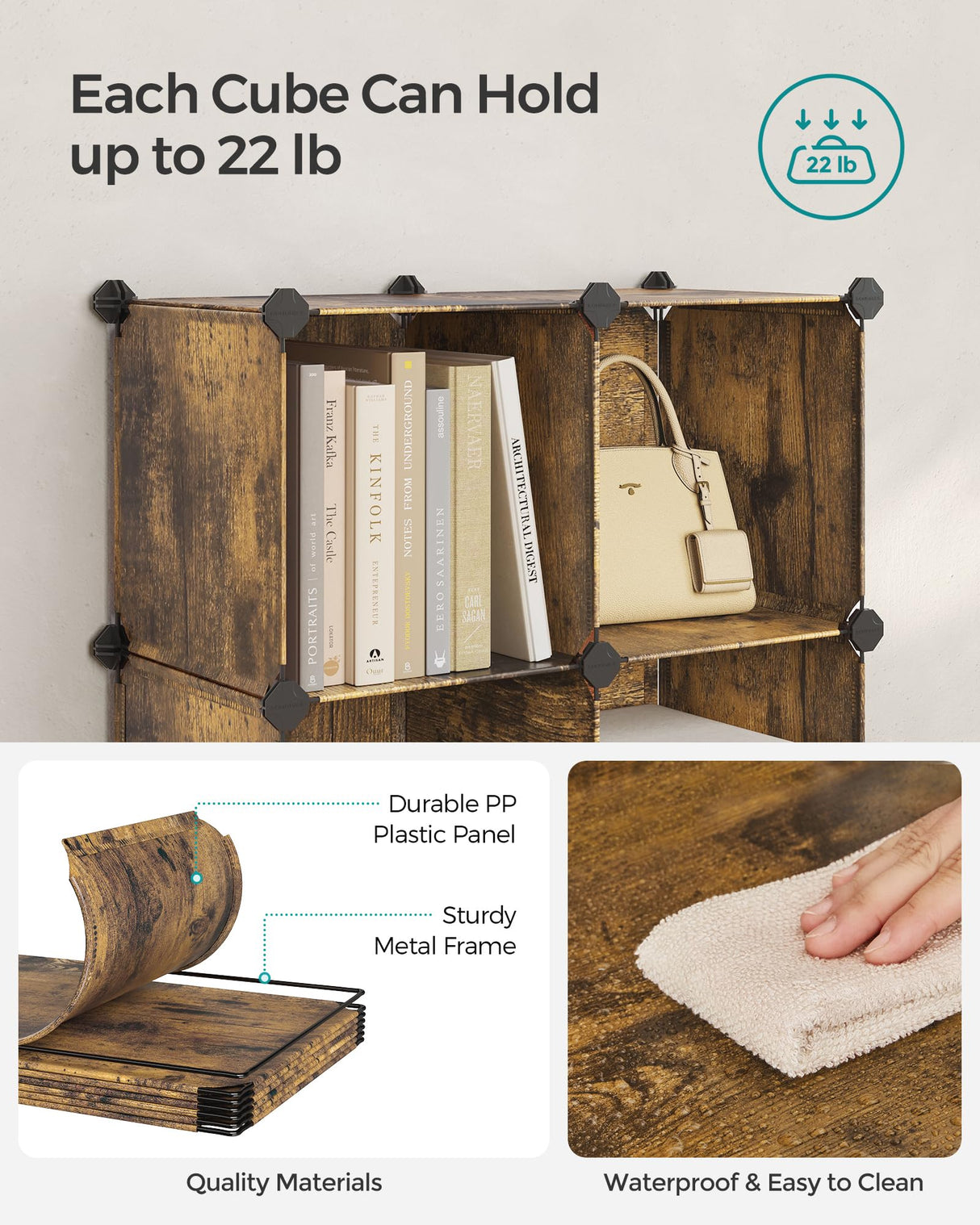 SONGMICS 6 Cube Storage Organizer, DIY Closet Shelf, Plastic Clothes Organizer, Modular Bookcase, 11.8 x 11.8 x 11.8 Inch Cubes, with Feet and Rubber Mallet, Rustic Brown ULPC111A01 SONGMICS