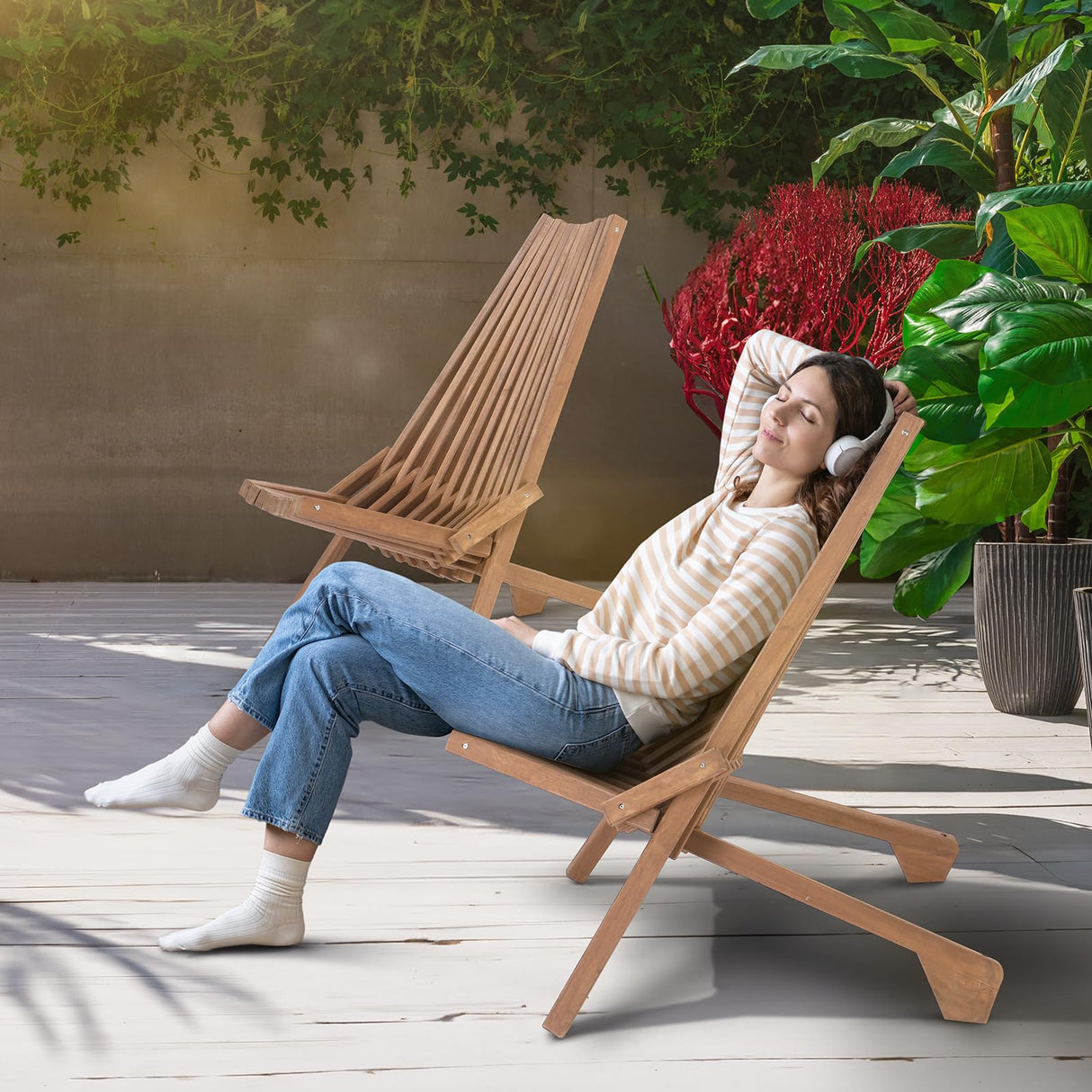 VINGLI FSC Acacia Wood Folding Outdoor Chairs Set of 2,Weather-Resistant Wooden Folding Chairs Patio Chair Furniture Comfy Adirondack Chairs Lounge Chair for Deck Fire Pit Porch Camping,Up to 350LBS VINGLI