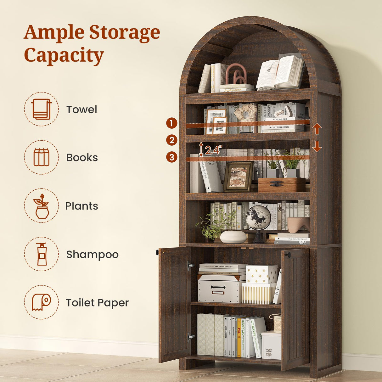 81" Tall Arched Cabinets,Bookcase with storage,Mid-Century Modern 6-Tier Bookshelf with Door,2 Book Risers and Adjustable Shelves offering more storage space for Living Room,Kitchen,Home Office,Walnut UPOSOJA