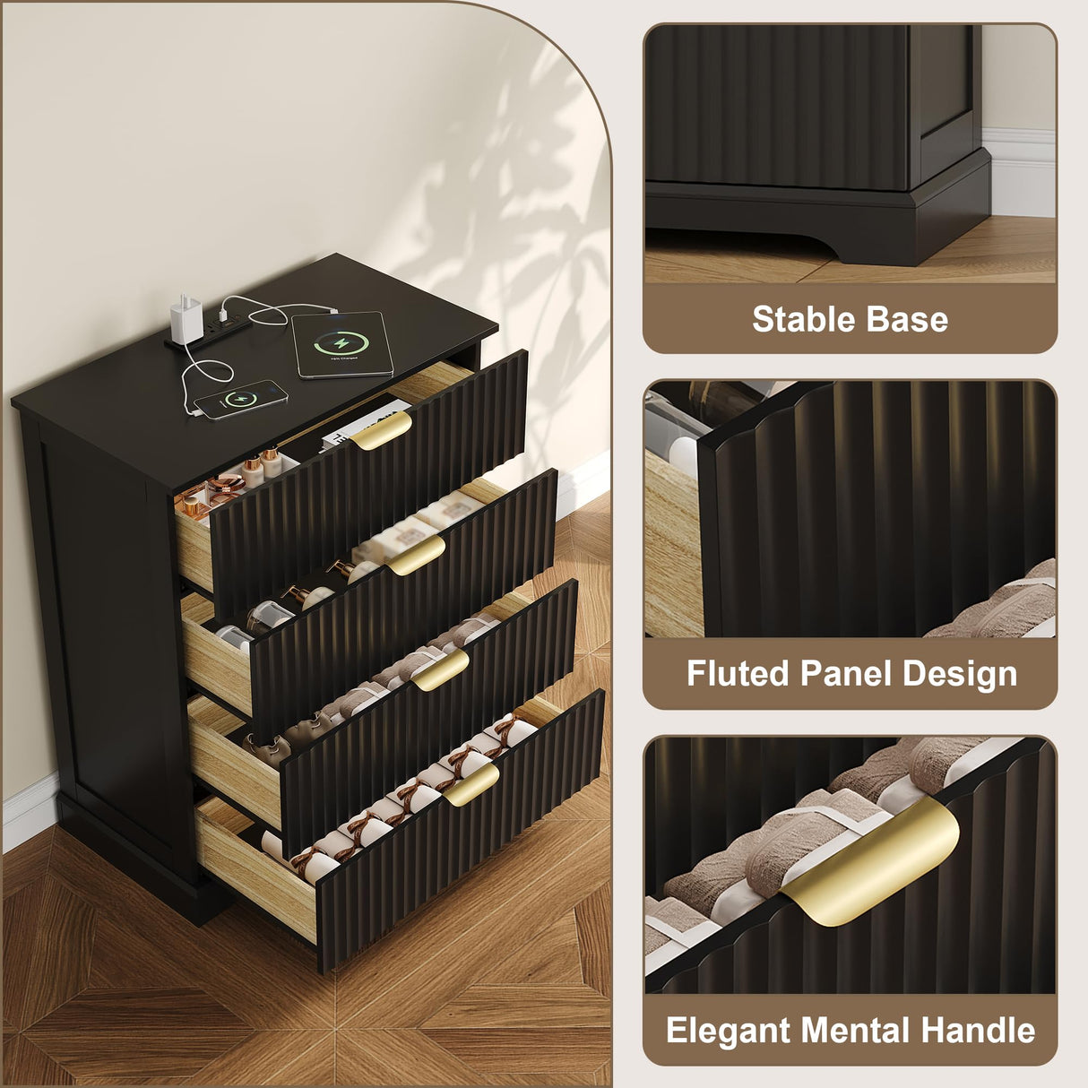 ProsperHaven Fluted Dresser with 4 Drawers for Bedroom, 36.6" Tall Dresser with Charging Station, Wooden Chest of Drawers for Bedroom, Living Room, Entryway, Black ProsperHaven