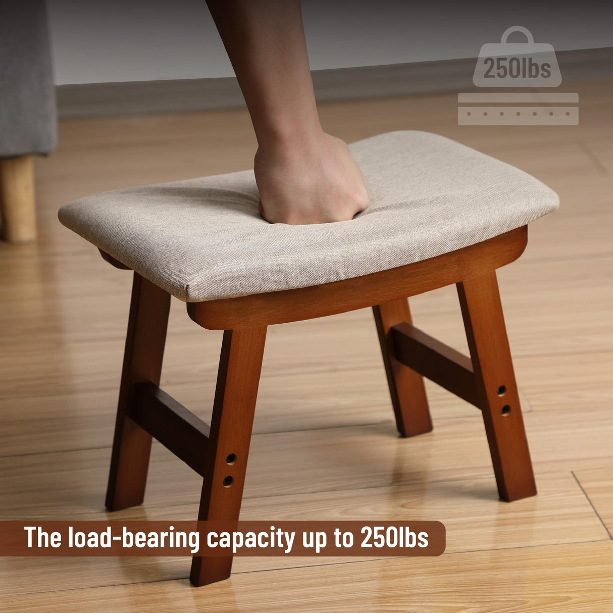 BAMBOO LAND- Bamboo Foot Stools Ottoman, Beige Cushion & Brown Wood Legs, Small Ottoman Foot Rest for Couch BAMBOO LAND