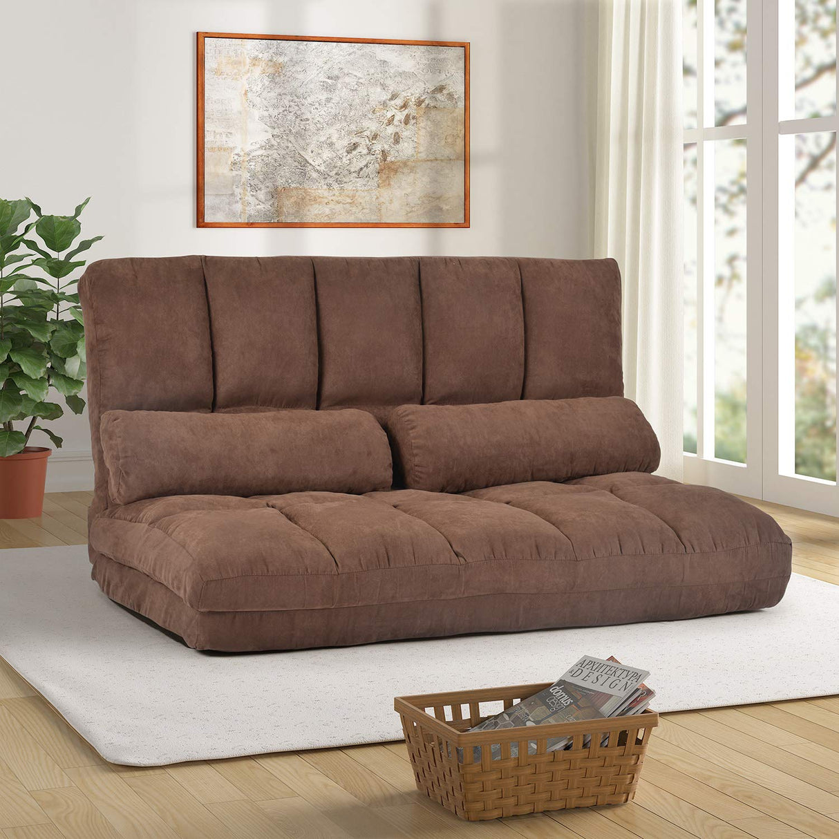 Merax Floor Sofa, Foldable Lazy Sofa Sleeper Bed with 2 Pillows, Adjustable Lounge Sofa Gaming Sofa Floor Couches 5-Position for Bedroom, Living Room, and Balcony, Brown Merax