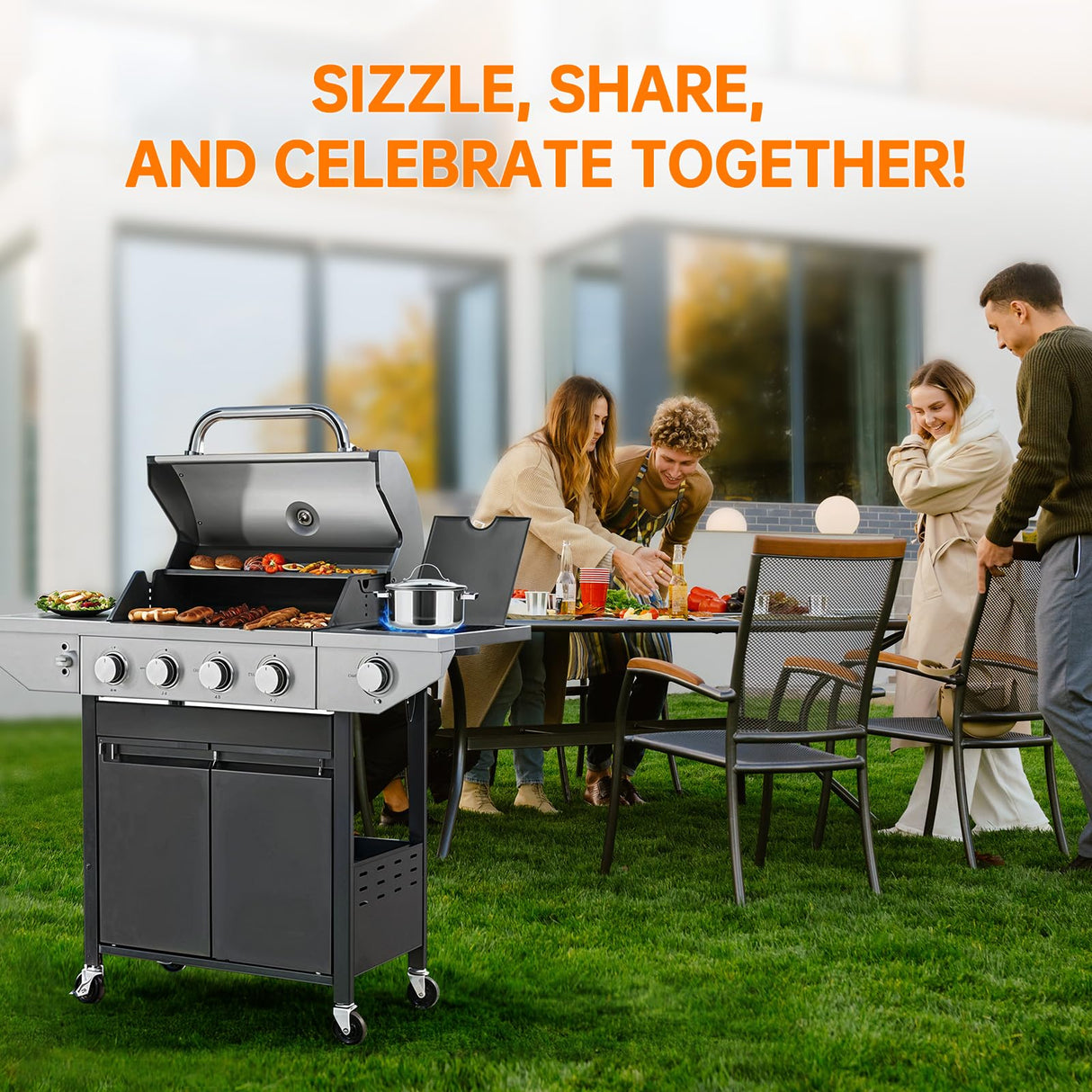 YIORTWO 4 Burner Propane Gas Grill with Side Burner, Stainless Steel BBQ Grill 48,500 BTU for Outdoor Cooking Kitchen, Garden and Patio Backyard Barbecue, Black and Silver YIORTWO