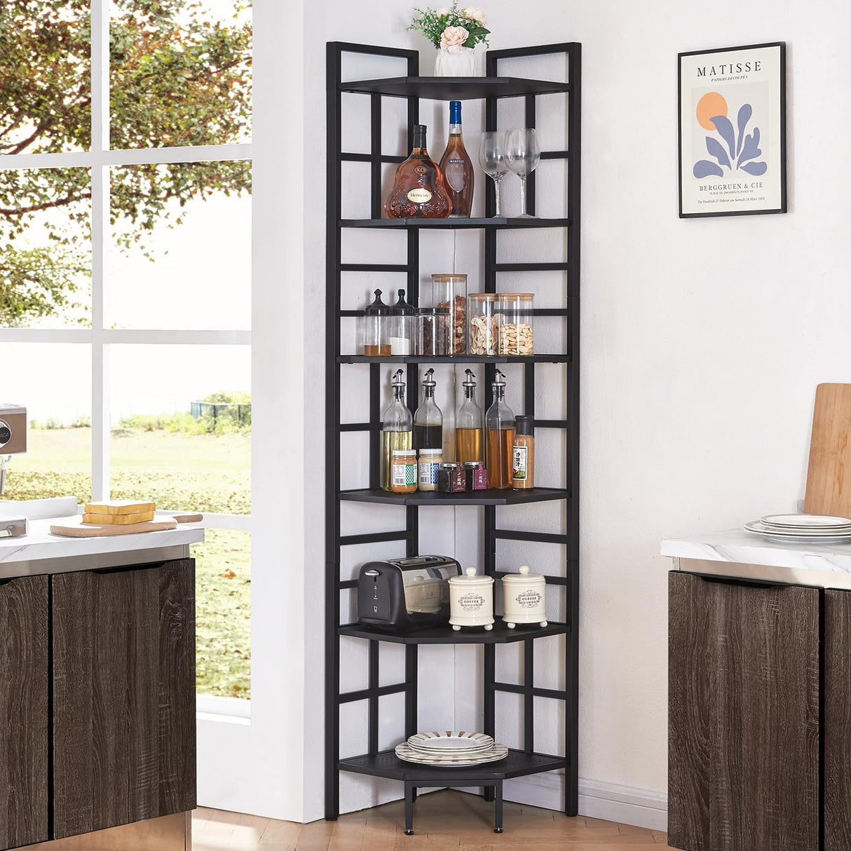 HOMISSUE Corner Shelf, 6 Tier Tall Narrow Bookshelf 76.9", Industrial Corner Bookcase with Storage for Home Office Living Room and Bedroom, Black HOMISSUE