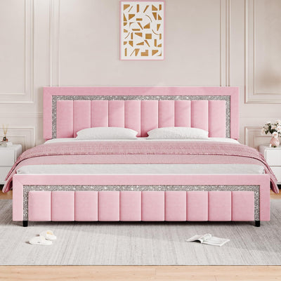 HOMBCK King Size Bed Frame, Pink Bed Frame King with Diamond Vertical Channel Headboard, Upholstered Velvet Headboard and Footboard, Adjustable Headboard, No Box Spring Needed, Easy Assembly, Pink