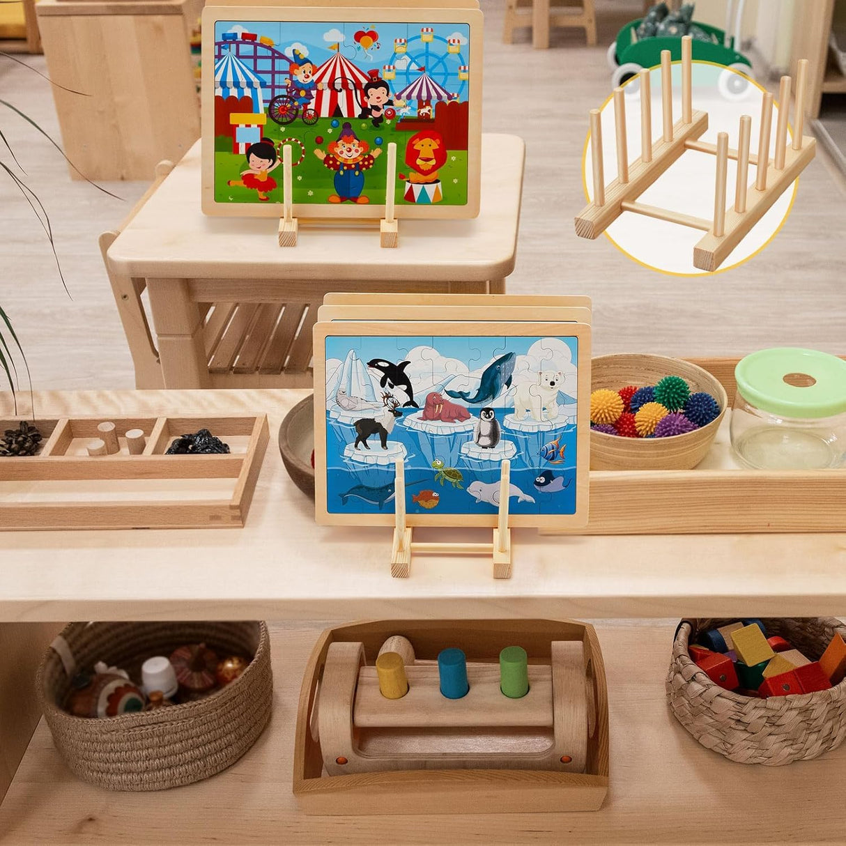 Mckkymi 2 Pcs Wooden Puzzle Display Stand-Toddler Puzzle Storage,Multifunctional Kitchen Dish Rack,Shelving for the kids,Puzzle Storage Rack Organizer Shelf for Adults Craft Collection Lovers Mckkymi