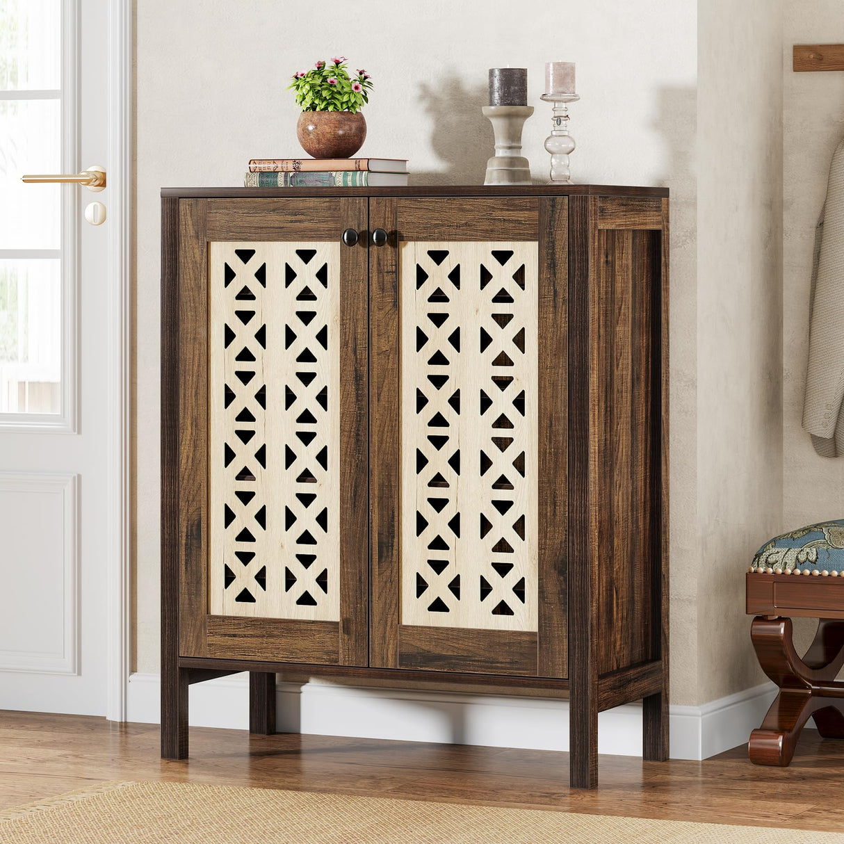 Tribesigns 5-Tier Shoe Cabinet with Doors, 25 Pairs Farmhouse Shoe Organizer, All-Wood Freestanding Shoe Storage Cabinet with Adjustable Shelves for Entryway, Hallway, Living Room, Brown & Beige Tribesigns