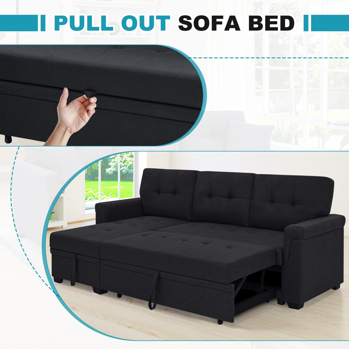 Lyngins L Shaped 3 Seat Sofa Bed with Storage, 86" Sleeper Sofa Couch with Pull Out Chaise Sectional Couch for Apartment, Bedroom, Living Room, Black Lyngins