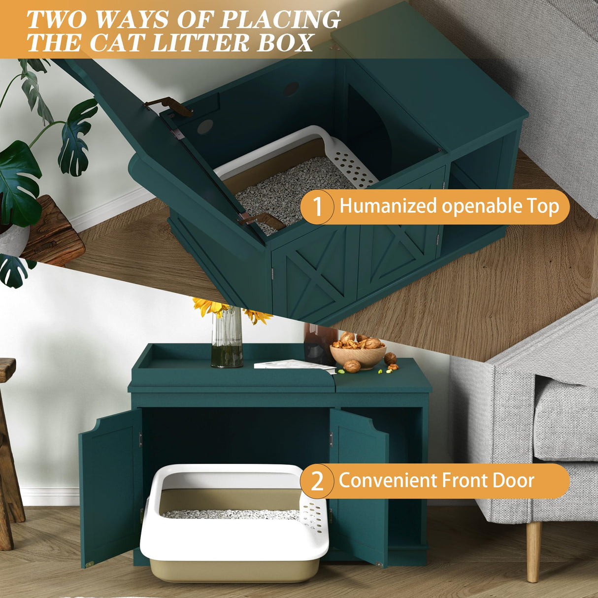 PUPETPO Flip Top Cat Litter Boxes Enclosure Covered Litter Box Hidden Furniture Wooden Cat Washroom Cabinet for Kitty, Medium and Large Cat Green PUPETPO