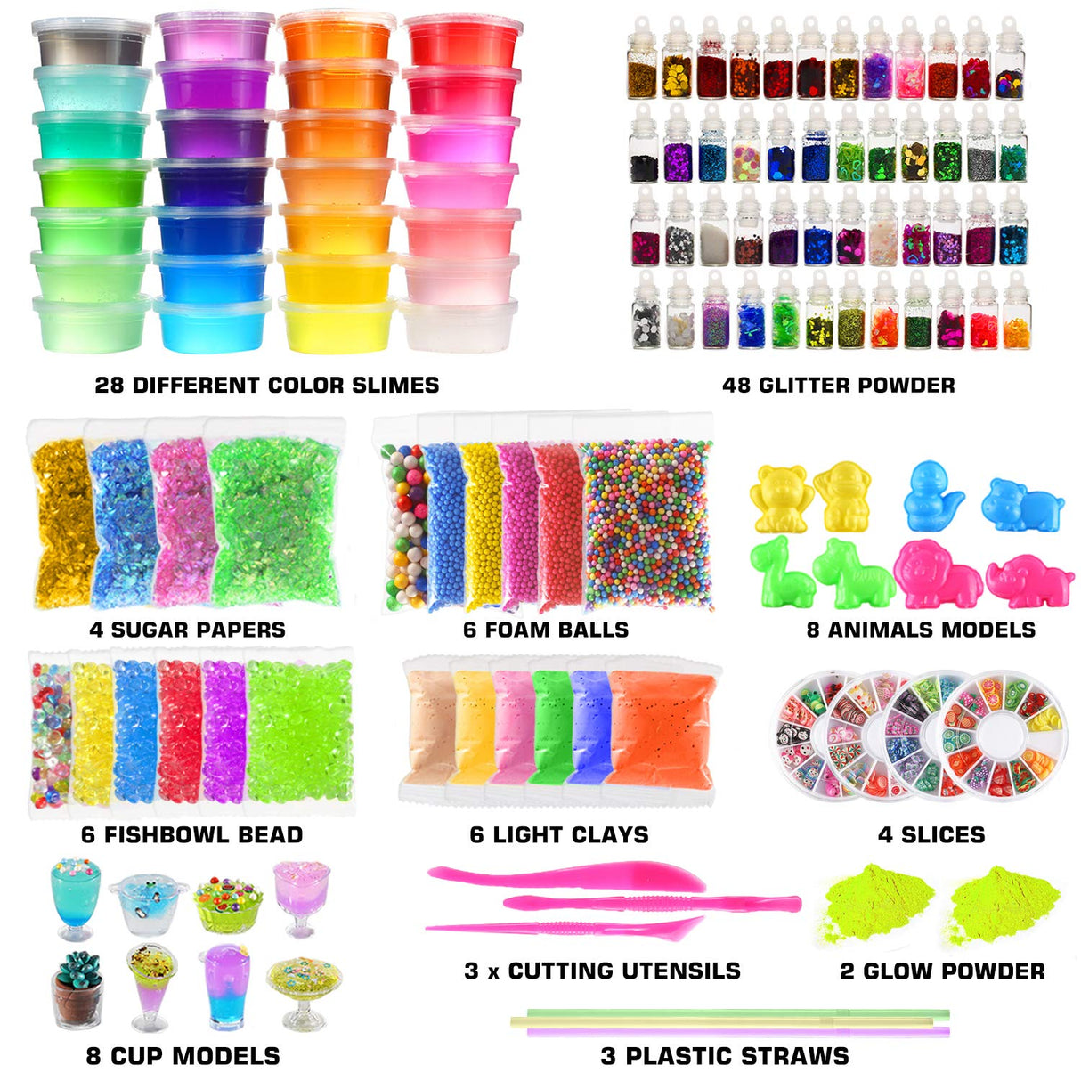 126 Pcs DIY Slime Making Kit for Girls Boys - Birthday Idea for Kids Age 5+. Ultimate Slime Supplies Include 28 Crystal Slime, 2 Glow in The Dark Powder, 48 Bottle Glitter Jar etc. BYONEBYE