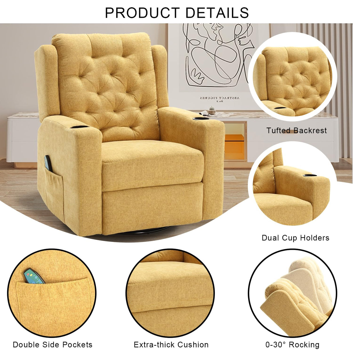 Comermax 330lbs Wide Seat Massage Swivel Rocker Recliners Oversized Yellow Manual Recliner Chairs with Cup Holders for Adults, Comfortable Reclining Rocking Glider Chair Comermax