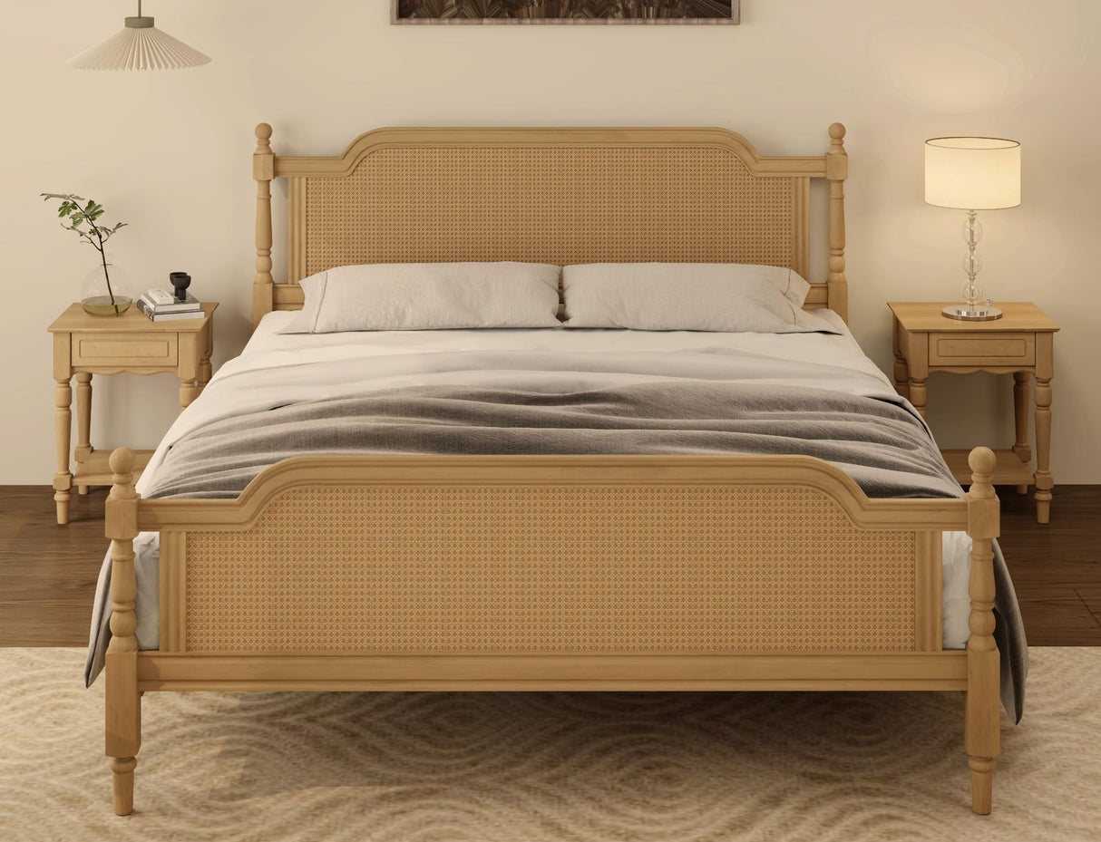 Merax King Bed Frame with Rattan Headboard and Footboard, Traditional Style Solid Pine Wood Platform, No Box Spring Needed, Walnut Merax