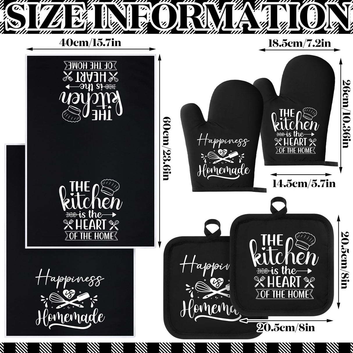 Sratte 6 Pcs Farmhouse Kitchen Towels Pot Holders Oven Mitts Set 2 Dish Towels 2 Potholders 2 Cooking Mittens Oven Glove for Baking Cooking Grilling Supply (Black) Sratte