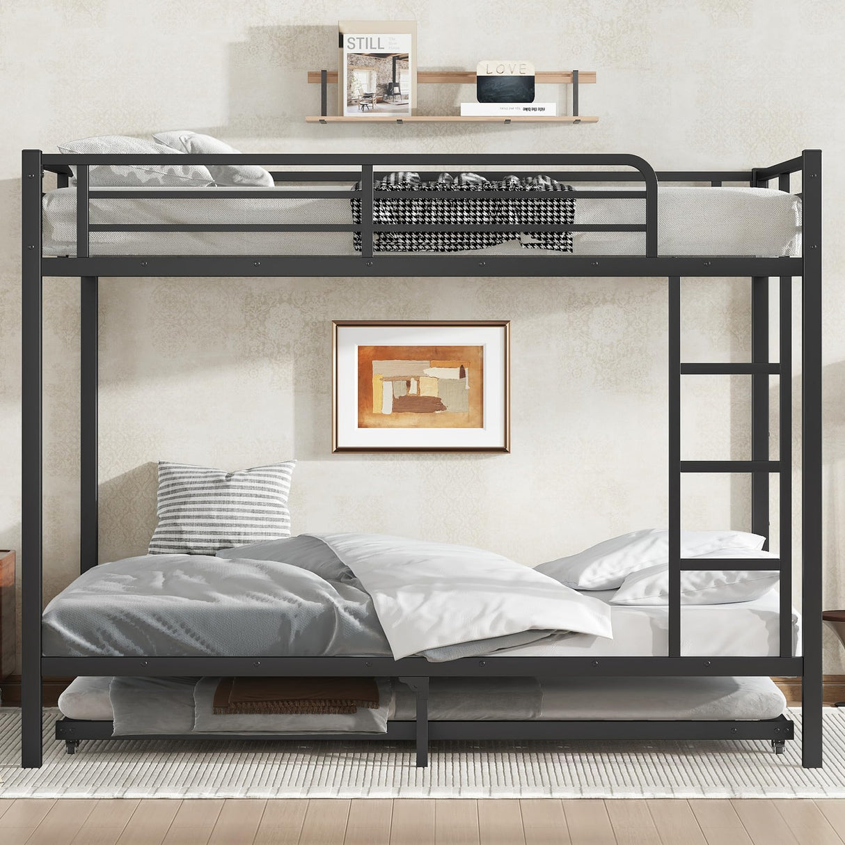 Harper & Bright Designs Full Over Full Bunk Bed with Trundle, Metal Bunk Beds with Ladder and Guardrail, Bunk Bed Frame for Kids, Boys, Girls, Teens, Space-Saving and Noise-Free, Black Harper & Bright Designs