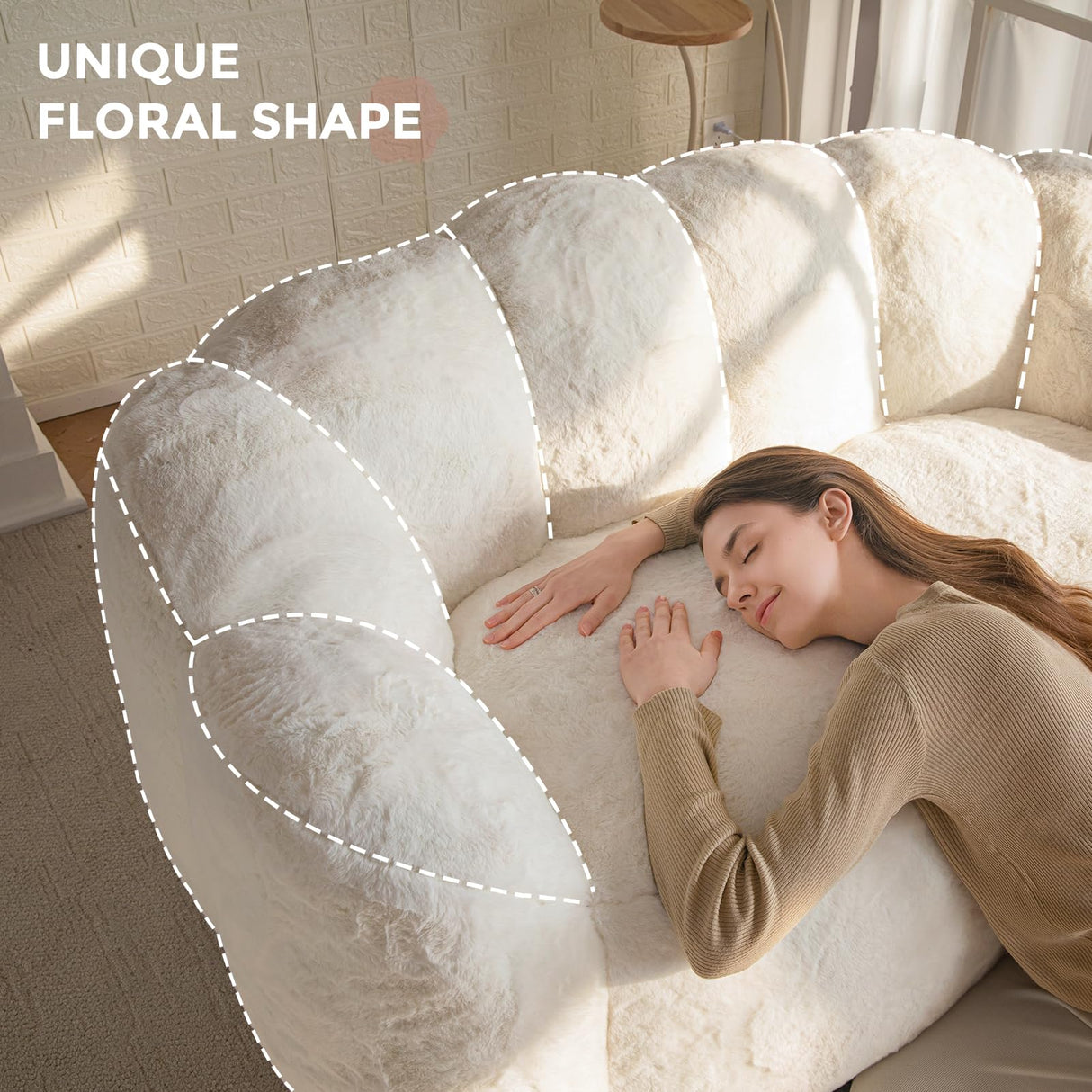 MAXYOYO Bean Bag Chair for Adults, Loveseat Floral Shaped Bean Bag Sofa, Ultra Soft Love Seat Mini Sofa Couch, Faux Fur Reading Chair for Living Room Bedroom, Beige MAXYOYO