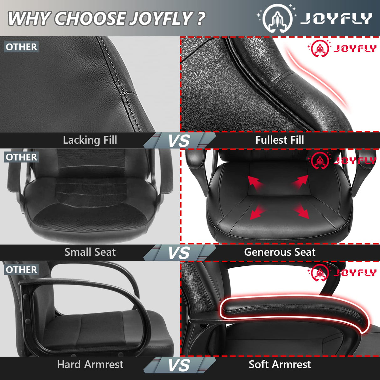 JOYFLY Computer Chair Office Chair, Gaming Chairs for Adults, Ergonomic Gamer Chair PC Chair with Black Leather Lumbar Support, 300Lbs (Black-Leather) JOYFLY