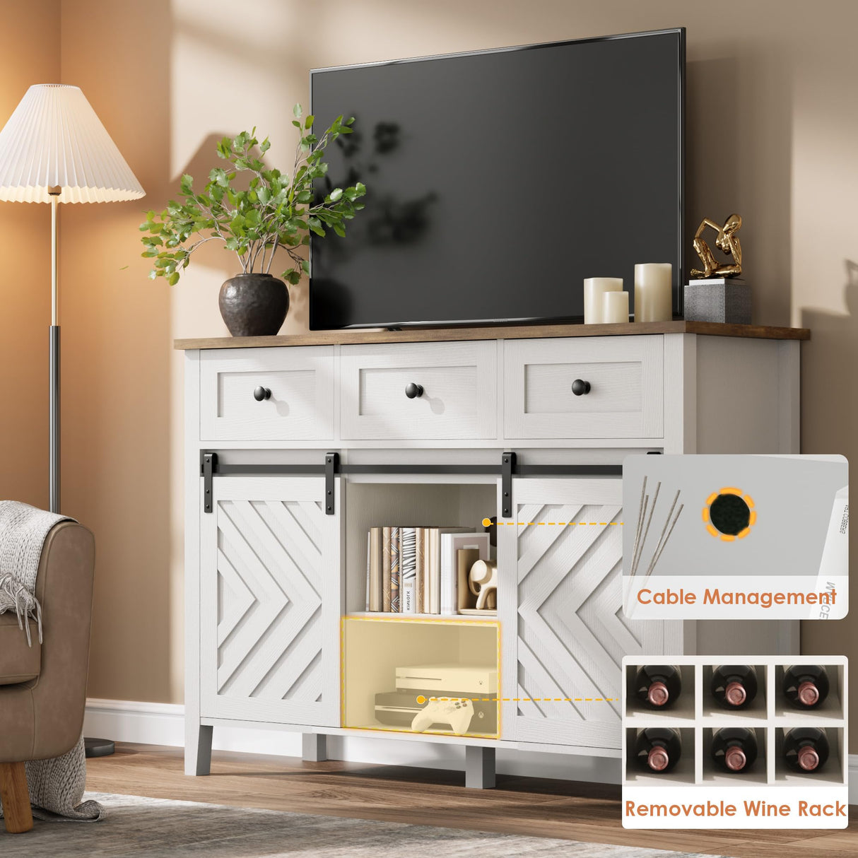 IDEALHOUSE 47.2'' Farmhouse Buffet Cabinet with Sliding Barn Door, 33.4'' Tall Wood Rustic Sideboard with 3 Drawer, Adjustable Shelf and Removable Wine Rack for Dining Room, Kitchen, White IDEALHOUSE