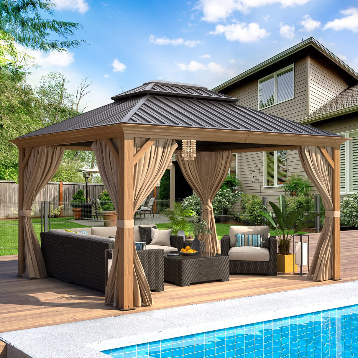 EROMMY 10'x12' Hardtop Gazebo, Wooden Finish Coated Aluminum Frame Gazebo with Galvanized Steel Roof, Outdoor Metal Gazebos with Curtains and Nettings for Patio, Backyard, Deck and Lawns EROMMY