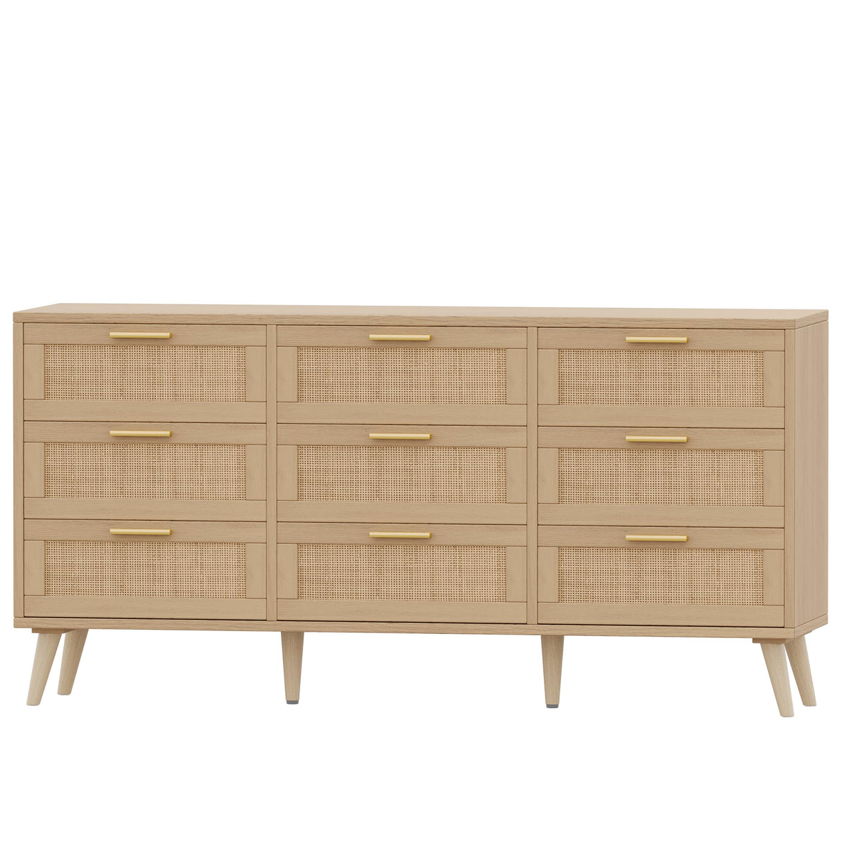 Rovaurx 9 Drawer Double Dresser for Bedroom, Rattan Chest of Dressers, Modern Wooden Dresser Chest with Golden Handles, Beside Table for Closet, Living Room and Entryway, Natural Rovaurx