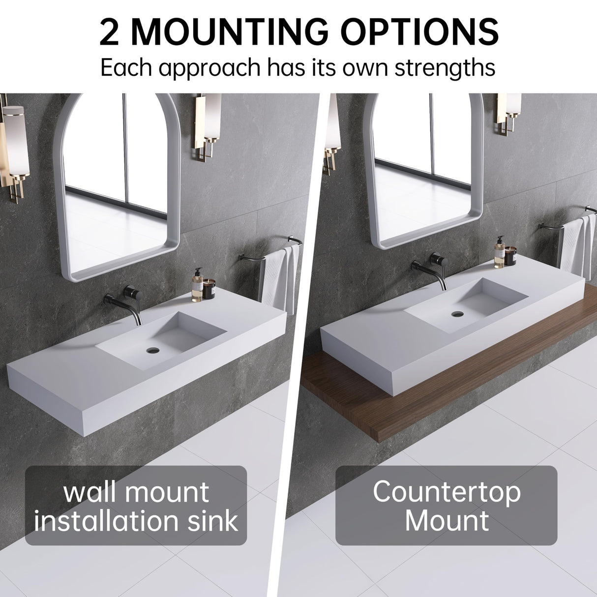 MEDUNJESS 47"X19" Stone Resin Wall Mounted Floating Sink, Bathroom Vanity with Sink,Solid Surface Bathroom Pedestal Sink Basin with No Faucet Hole and Pop-up Drain, Matte White MEDUNJESS