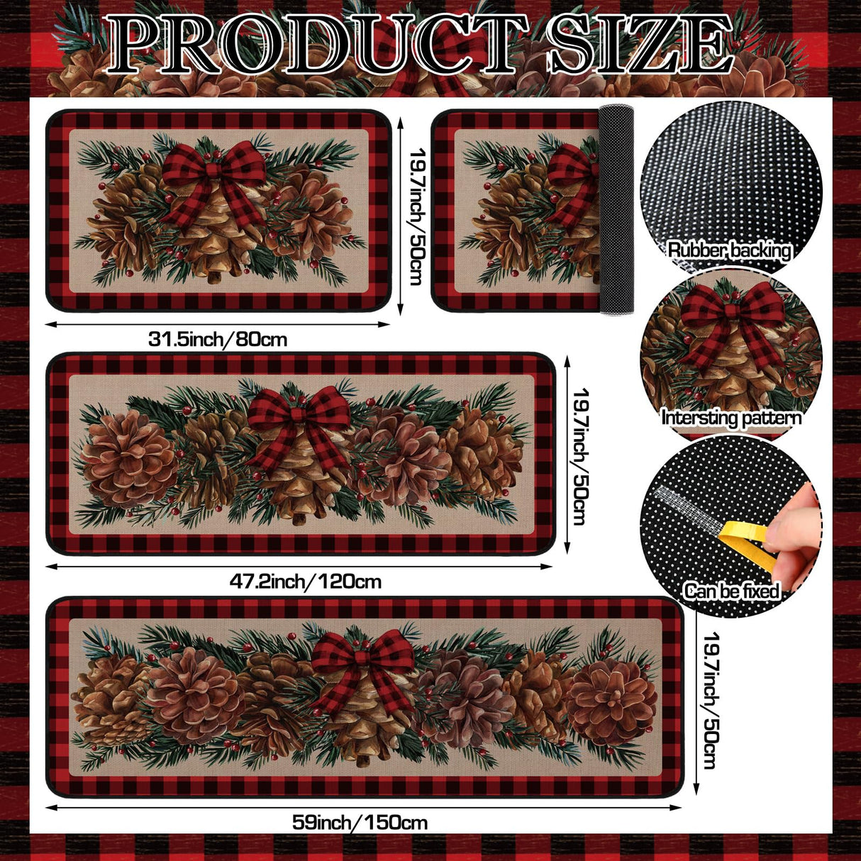 Drydiet 3 Pcs Christmas Kitchen Rugs Non Slip Winter Floor Mat for Kitchen Floor Hallway Laundry Sink and Bathroom, 20"x32" 20"x47", 20"x59"(Pinecone) Drydiet