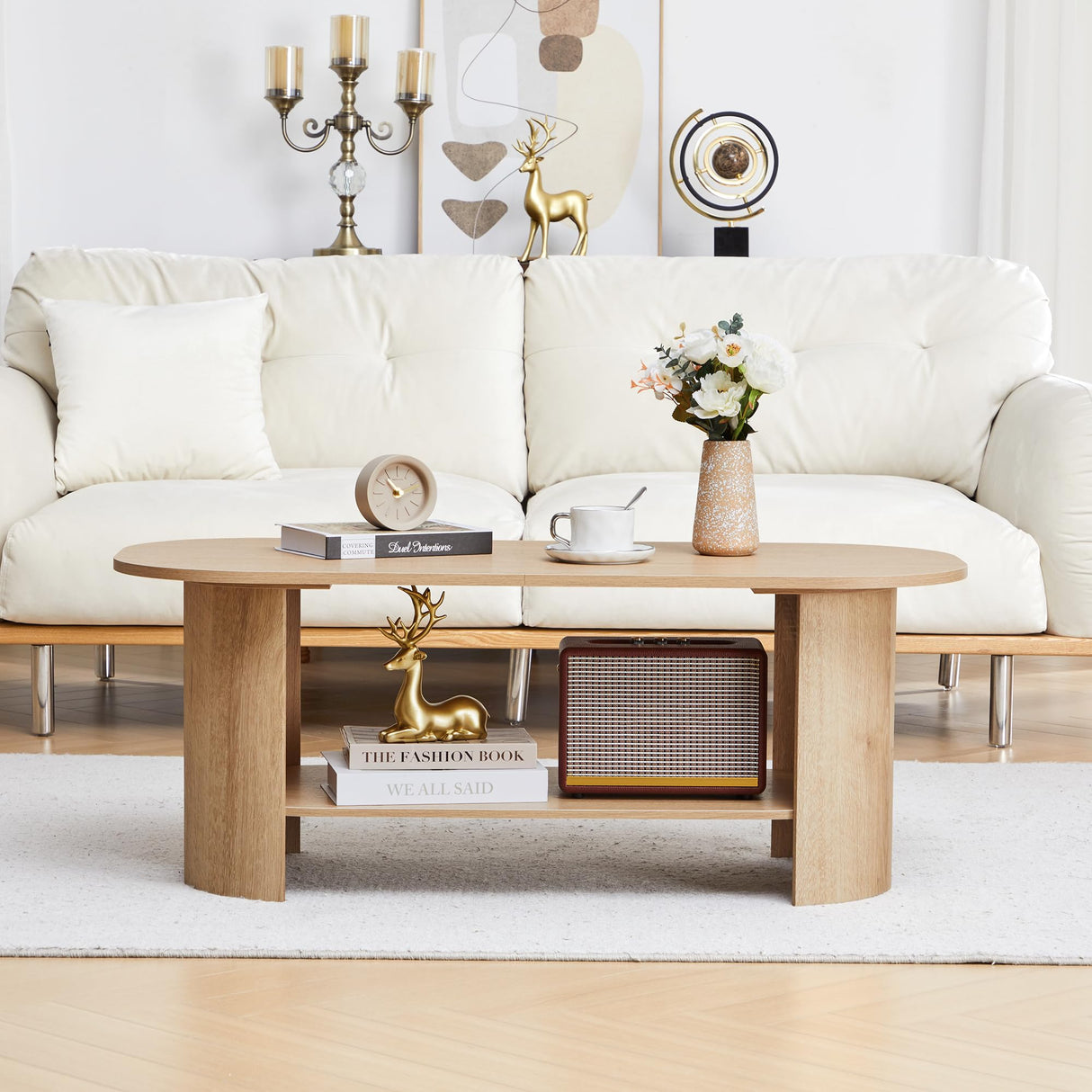 MAHYIZYI 43.3” Oval Coffee Tables for Living Room, Wood Farmhouse Coffee Table with Storage, 2-Tier Center Table with Storage Shelf Low Tea Table for Small Space, Home, Office (Natural) MAHYIZYI