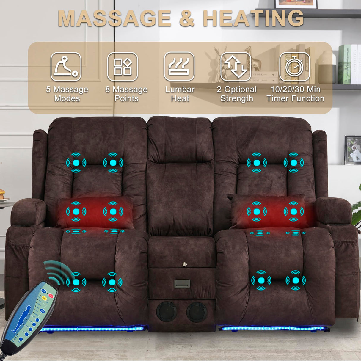 URRED Power Loveseat Recliner Sofa, Velvet Fabric Home Theater Seating with LED Ambient Light, Double Recliner RV Sofa with Flipped Middle Backrest/Bluetooth Speakers/USB/Built-in Outlets, Brown URRED
