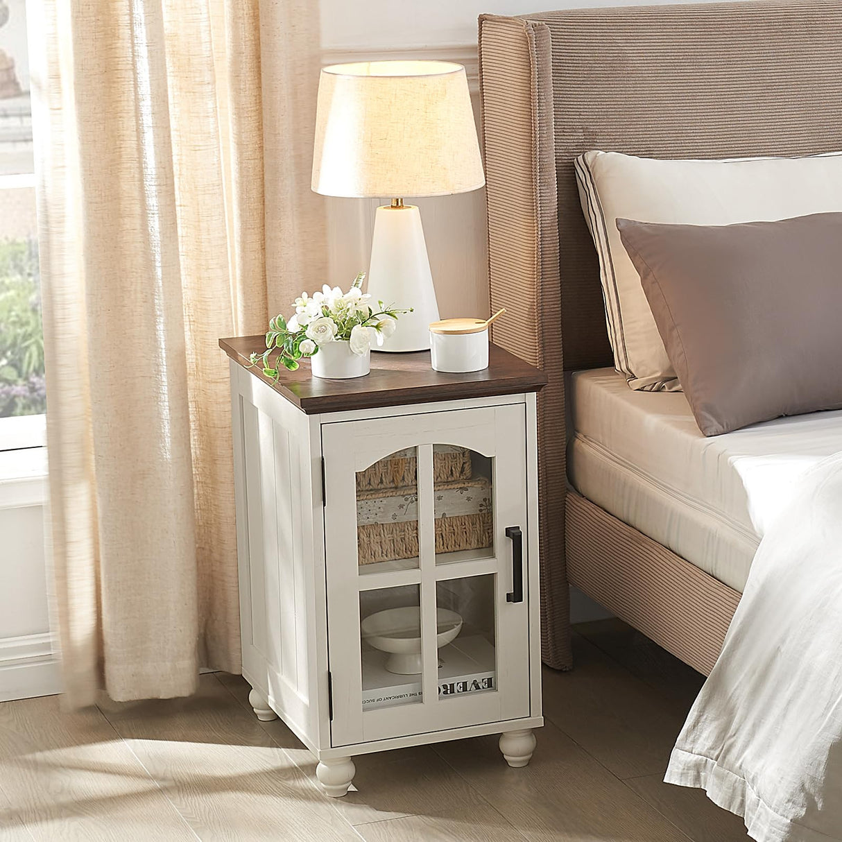 RWYHG Farmhouse End Table Set of 2 with Charging Station, 18'' Narrow Side Table and 24" Large Sofa Side Table with Glass Barn Door Storage, Wood Night Stand Bedside Table for Living Room,Bedroom RWYHG