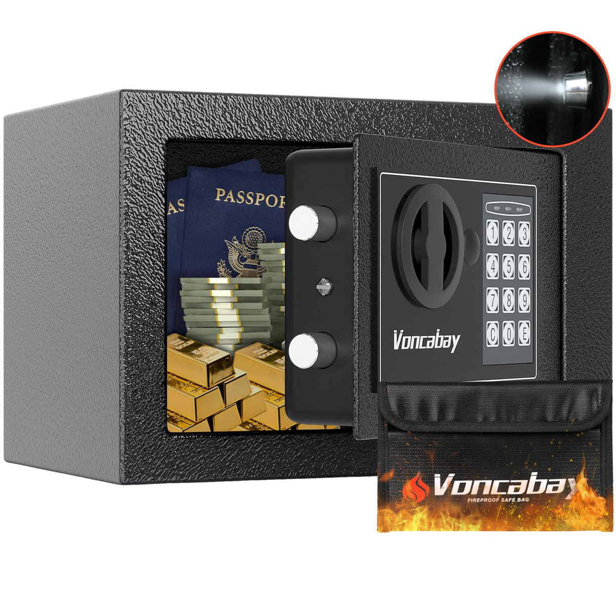Voncabay Money Safe Box for Home with Sensor Light & Fireproof Security Safe Box for Money Safe with Keys & Pass Code, Lock Box Fireproof Safe with Digital Keypad Voncabay