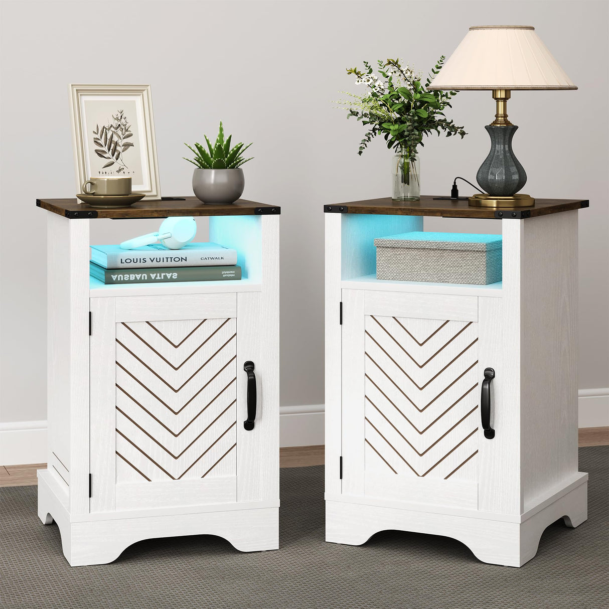 RoyalCraft Farmhouse Nightstand, White Night Stand with LED Lights and Charging Station, Bedside Table Set of 1 with Storage and Door, Wood End Table for Bedroom, Home Office, Antique White RoyalCraft