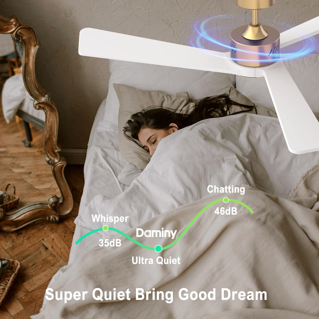 DAMINY Natural Solid Wood White and Gold 52 inch Ceiling Fan with Light,3 Blade Ceiling Fan with Light,6CCT,Low Profile Ceiling Fan with Light and Remote Control DAMINY