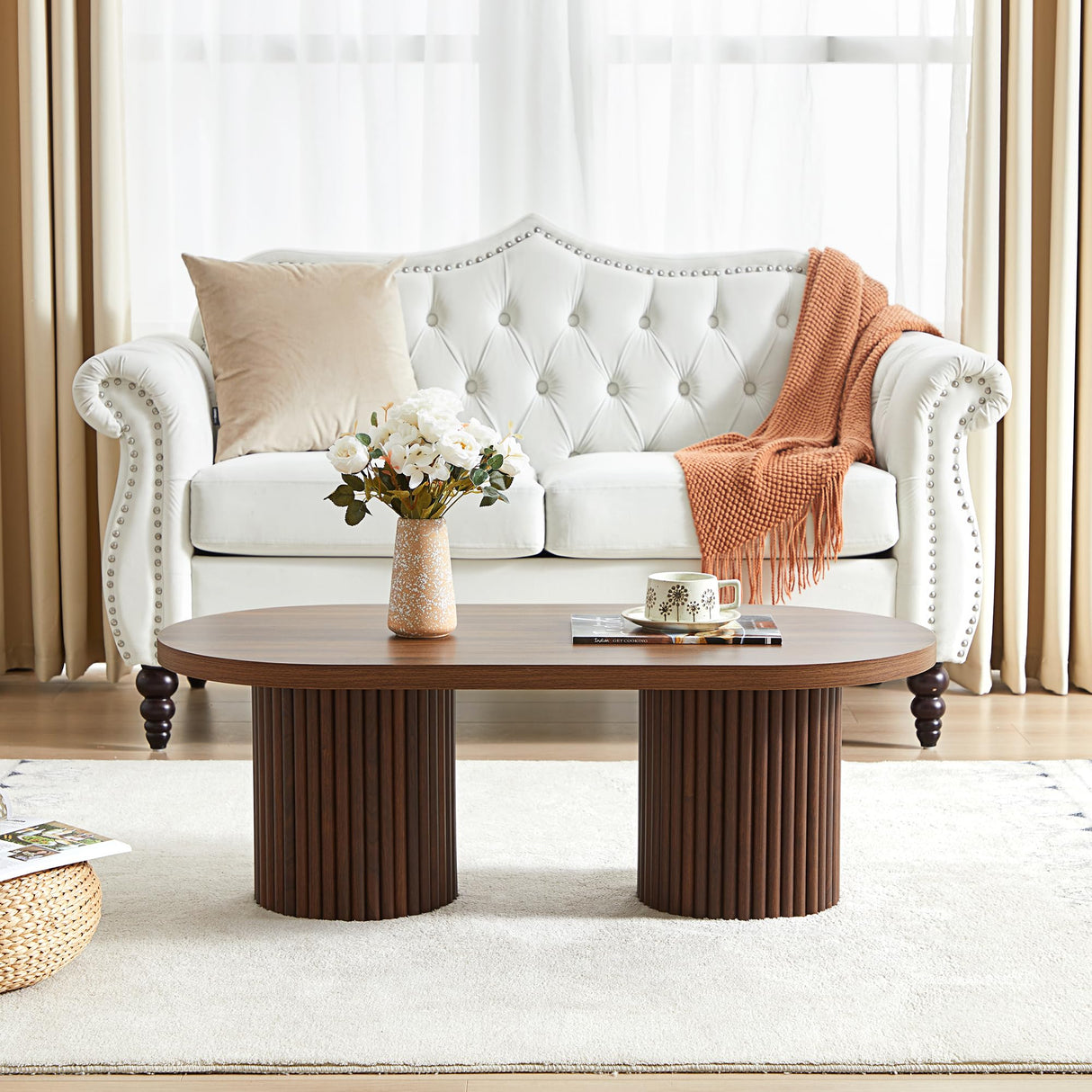 AVZEAR Oval Fluted Coffee Table for Living Room, Mid Century Modern Coffee Table with Fluted Legs, Curved Round Wooden Center Table for Home, Office, Cafe, Vintage Walnut (39.38" x 19.69" x 13.78") AVZEAR