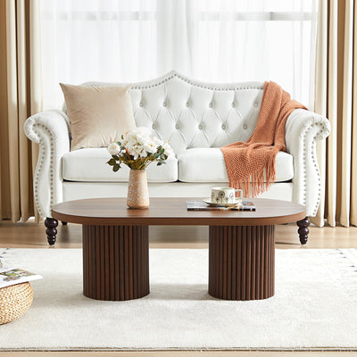 AVZEAR Oval Fluted Coffee Table for Living Room, Mid Century Modern Coffee Table with Fluted Legs, Curved Round Wooden Center Table for Home, Office, Cafe, Vintage Walnut (39.38" x 19.69" x 13.78")