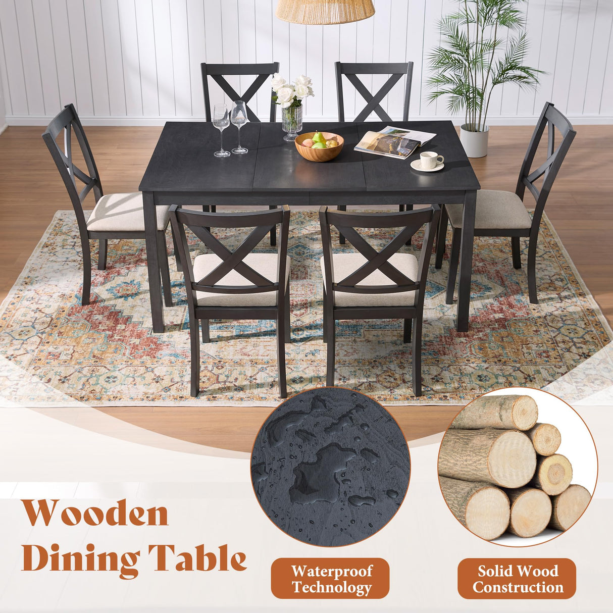 AMERLIFE 7-Piece Farmhouse Dining Table Set with 6 Upholstered Chairs, 60" Space-Saving Dining Table & Chair Set for Dining Room, Kitchen, Small Apartment, Restaurant, Grey & White AMERLIFE