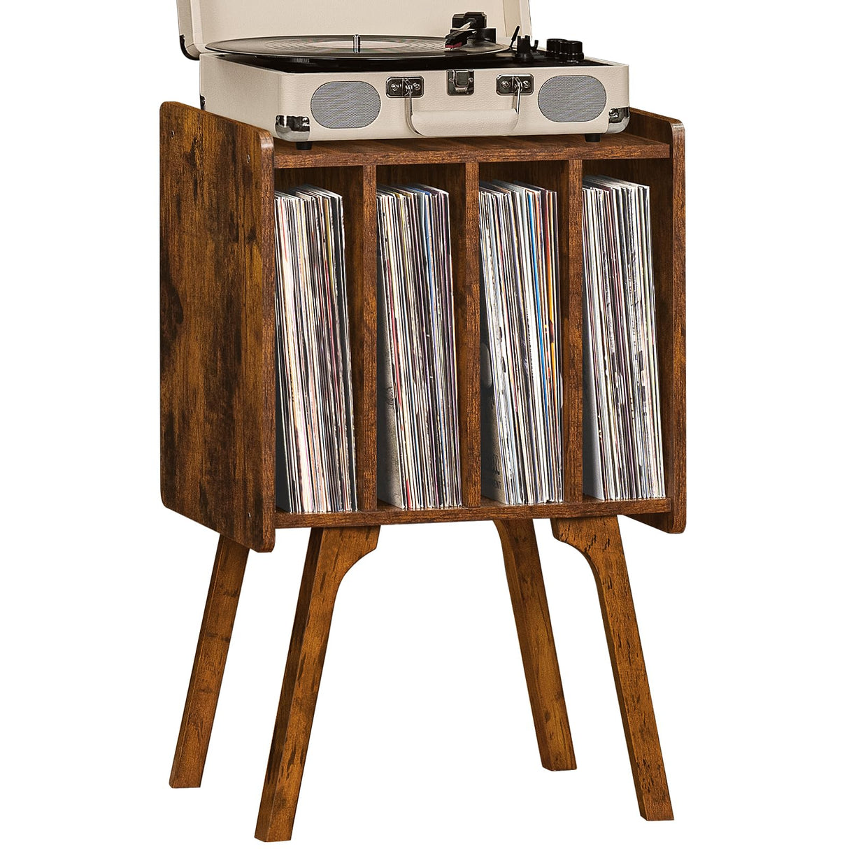 Lerliuo Record Player Stand with Storage Holds Up to 80 Albums, Turntable Stand with Beech Wood Legs, Mid-Century Record Player Table,Brown Vinyl Holder Display Shelf for Bedroom Living Room Lerliuo