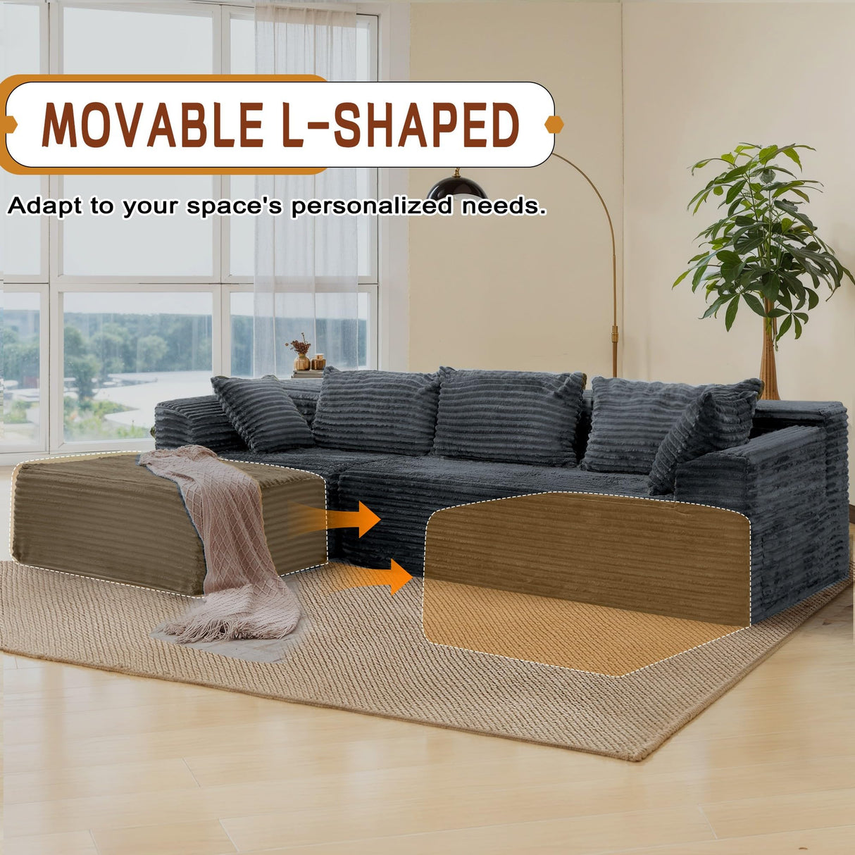 Korser 108" Sectional Couches for Living Room, Modular Sectional Sofa with L-Shape Chaise, Cloud Couch, Comfy Corduroy Fluffy Couch with Deep Seat and Side Pockets, No Assembly Required Korser