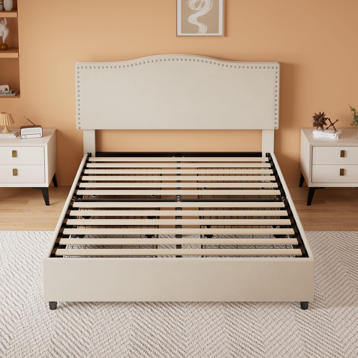 VECELO Queen Bed Frame, Platform Bed Frame with Underbed Storage Drawers and Adjustable Height Upholstered Headboard, Heavy-Duty Frame and Strong Wooden Slats Support, Noise-Free, Easy Assembly, Beige VECELO