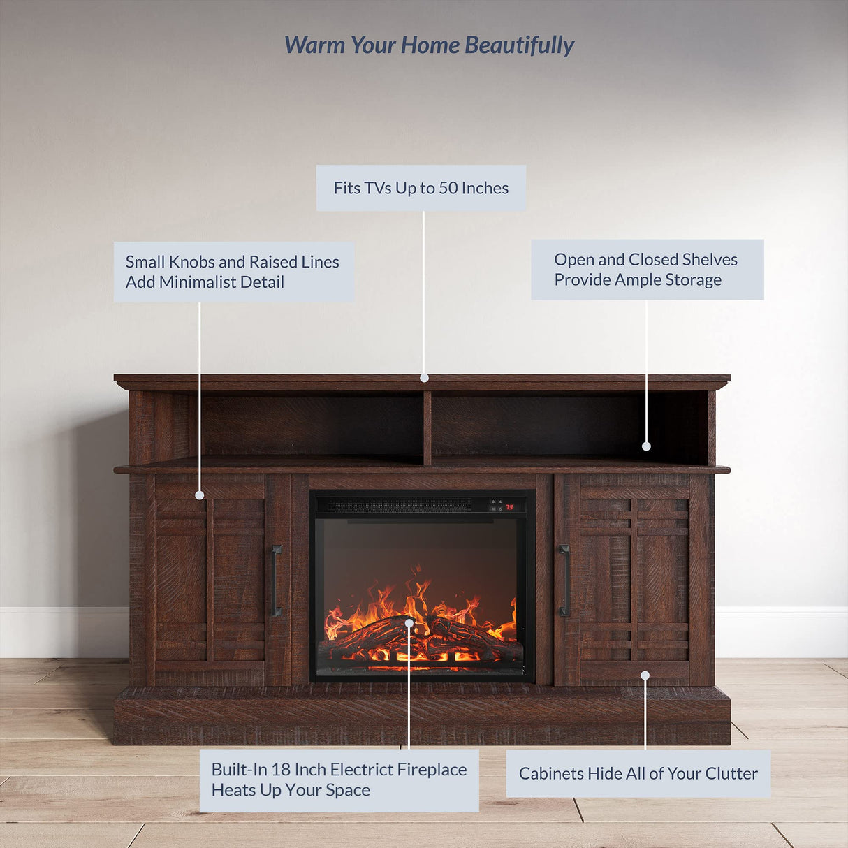 BELLEZE 48" TV Stand with 18" Electric Fireplace Heater, Modern TV Stand for TVs up to 50", Entertainment Media Stand with Open Shelves and Storage Cabinets for Living Room, Bedroom (Espresso) BELLEZE