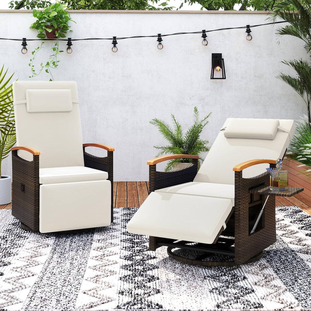 Tangkula Patio Rattan 360 Degree Swivel Recliner Chair, Wicker Lounge Chair w/Adjustable Backrest & Footrest, Cushioned Push Back Reclining Seat w/Flip Side Table for Porch, Yard, Lawn (Off White,1) Tangkula