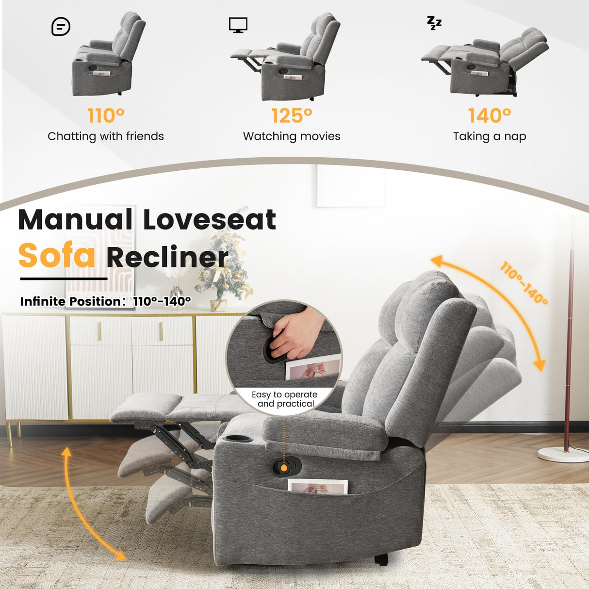 RIHEREFY Loveseat Recliner, Loveseat Sofa with Adjustable Footrest, Wall Hugger Recliner for Living Room & Home Theater & RV(Gray) RIHEREFY