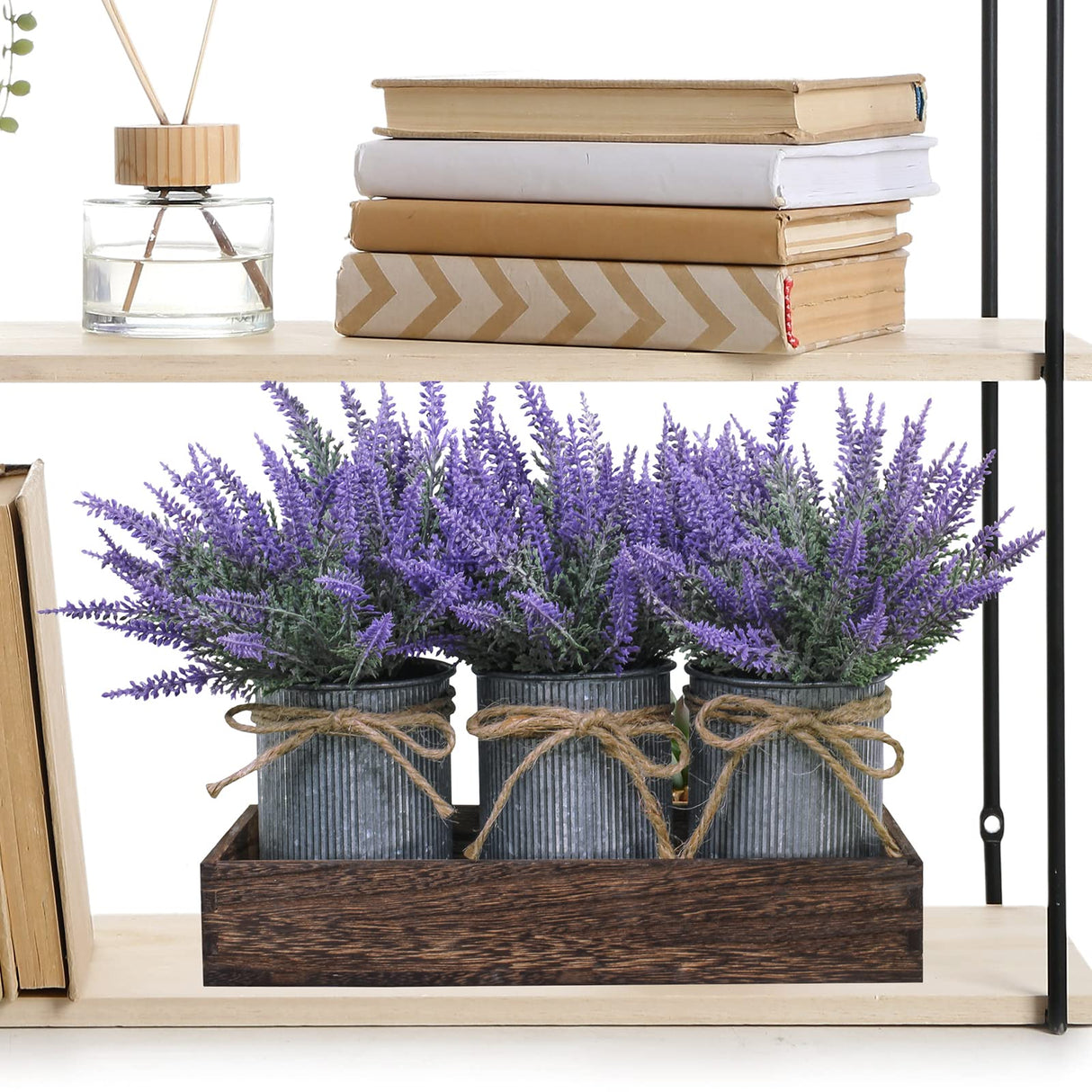 Set of 3 Small Potted Plants Arrangement Artificial Lavender Flower Plants in Rustic Galvanized Metal Pots with Decorative Wood Tray for Farmhouse Table Centerpiece Windowsill Country Indoor Decor Winlyn