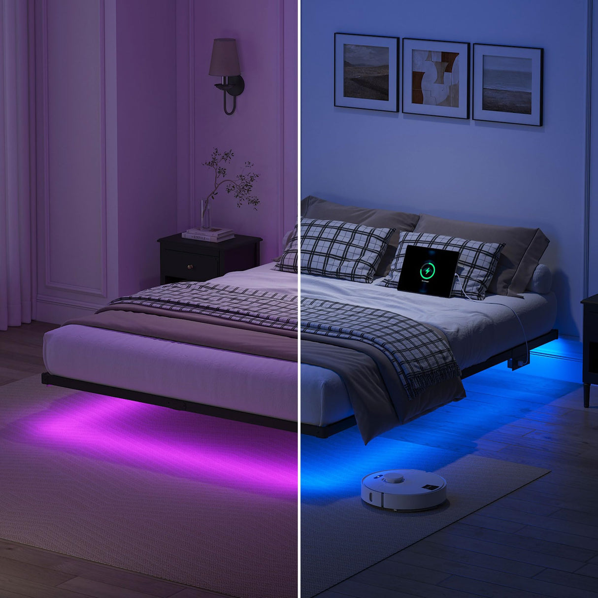 YORMDMO Floating Bed Frame Queen Size, Heavy Duty Bedframe with Smart LED Lights & Charging Station, Modern Metal Platform Bed, Easy Assembly No Box Spring Needed, 10 Inch YORMDMO