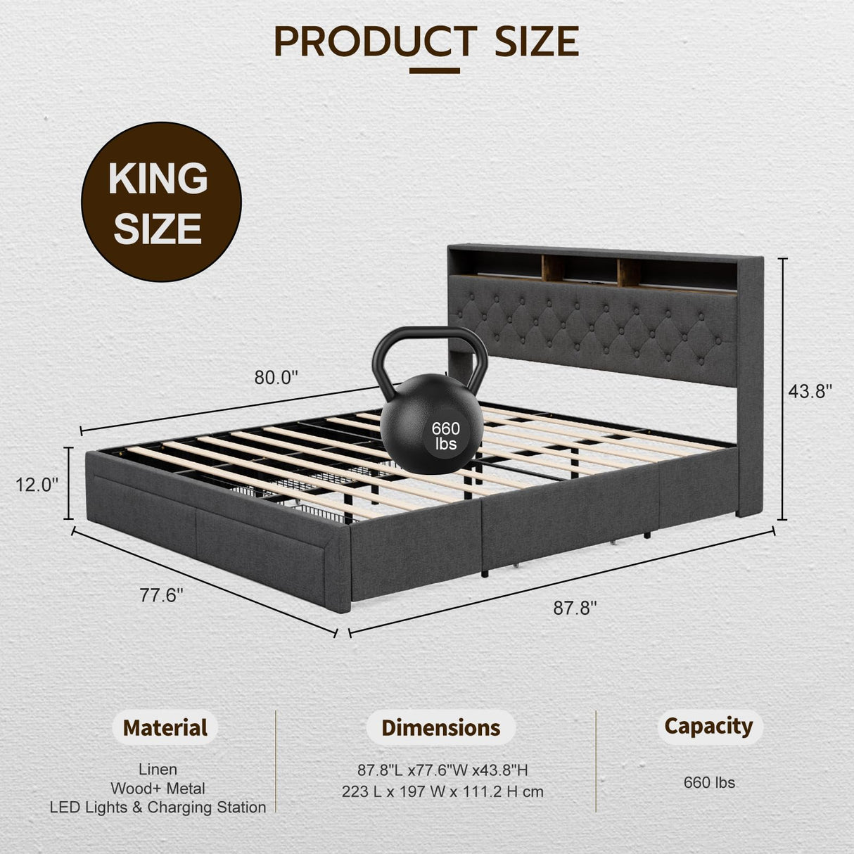 IKIFLY Dark Grey King Bed Frame with LED Storage Headboard, Charging Station & 4 Drawers IKIFLY