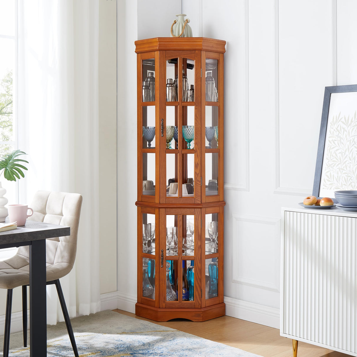 Corner Curio Cabinet with 5 Shelves and Lighting System, Oak(E26 Light Bulb not Included) Generic