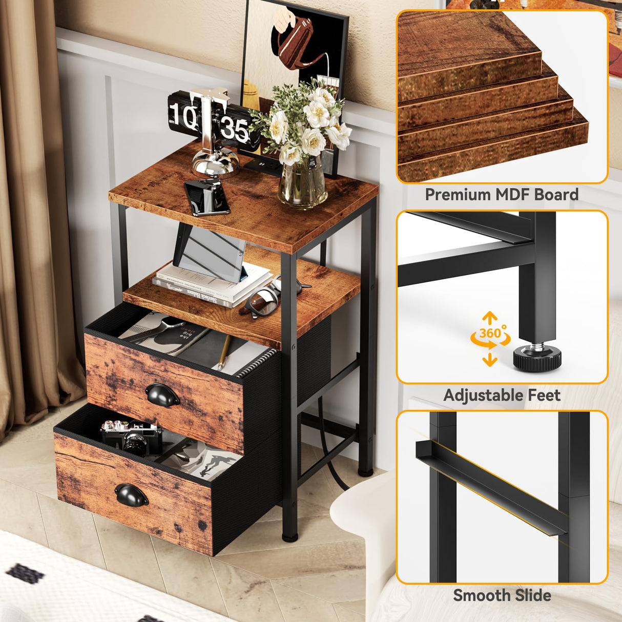 Furologee Nightstand with Charging Station, End Table with LED Lights, Bedside Table with USB Ports & Outlets, Night Stands with 2 Drawers, for Living Room/Bedroom Furologee