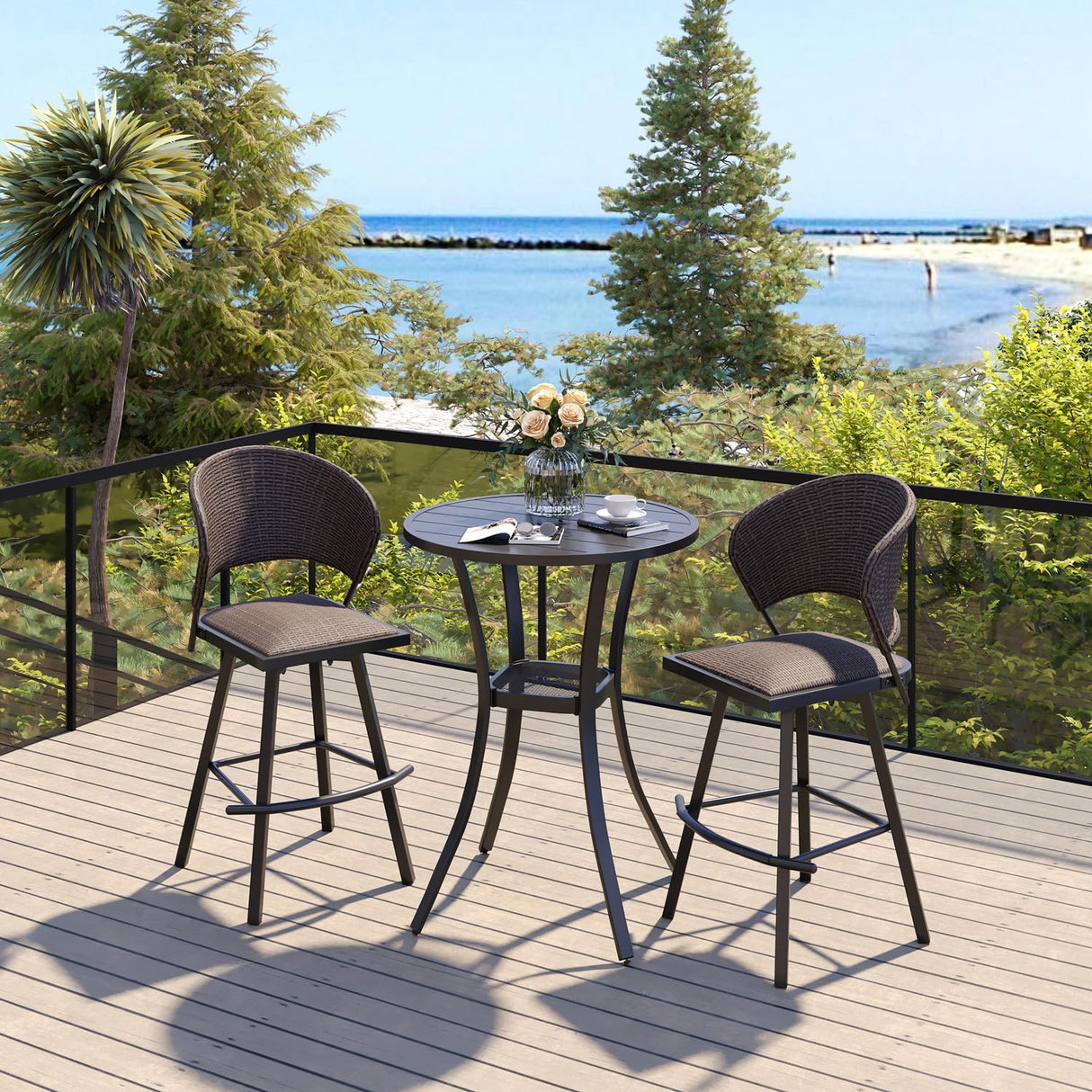 VICLLAX 28" Round Outdoor Bar Table, Counter Height Patio Table with Adjustable Umbrella Hole for Balcony, Black VICLLAX