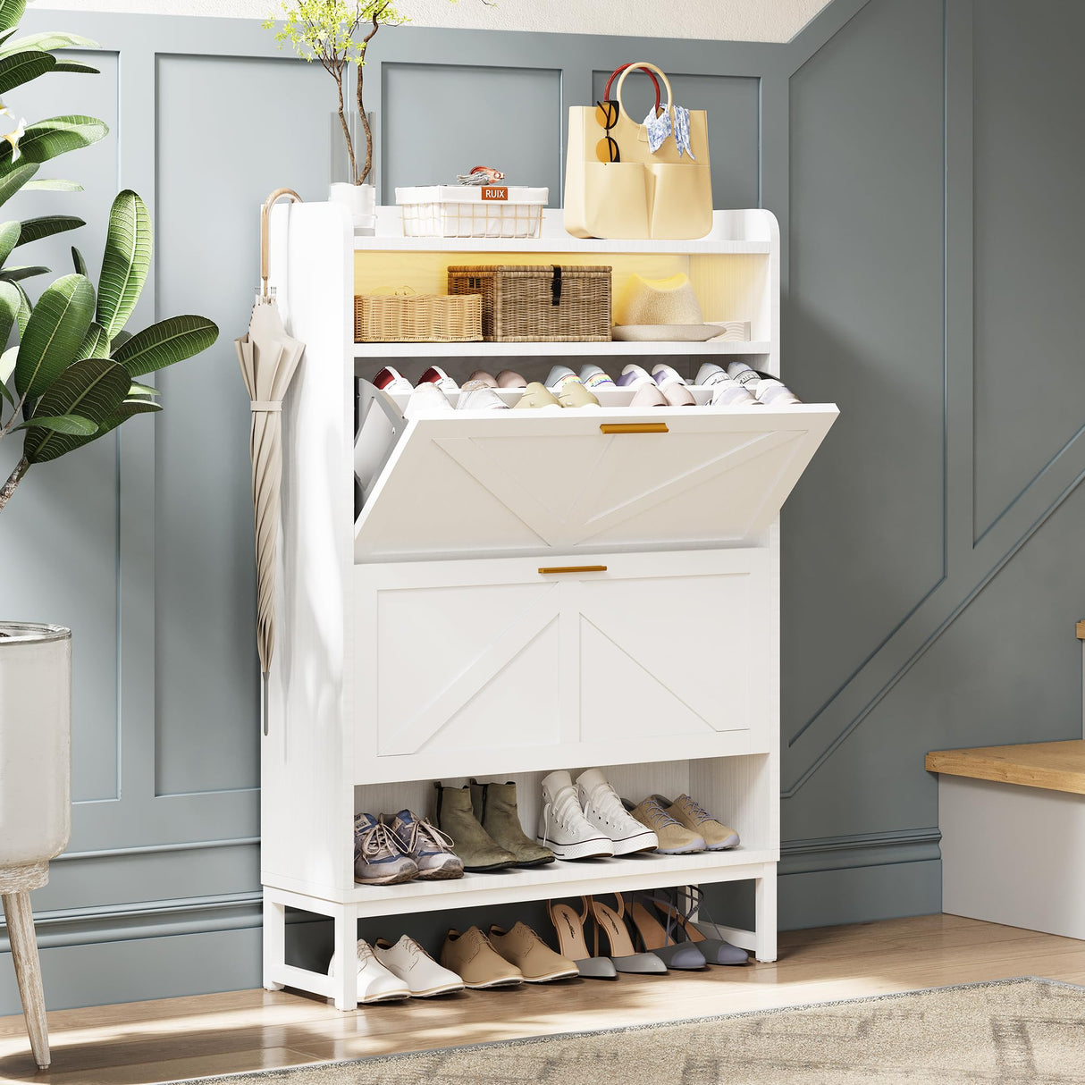 spanspace Freestanding Shoe Storage Cabinet for Entryway, Farmhouse Shoe Rack Cabinet with Open Shelf & 2 Flip-Drawer, Metal Legs for Hallway spanspace