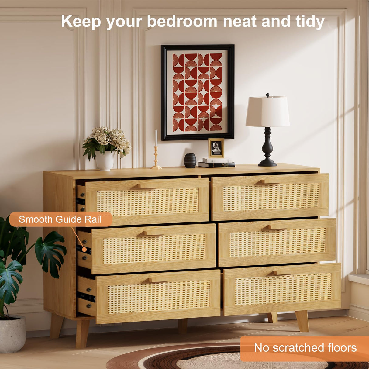 XDliv Rattan Dresser, 6-Drawer Double Dresser Rattan Storage Chest Unit for Bedroom XDliv