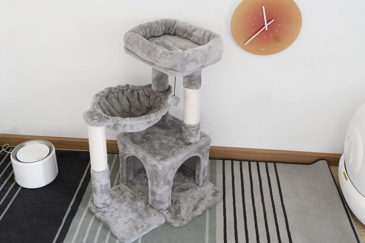 Pesofer Cat Tree, Small Cat Tower with Sisal Scratching Post and Hammock Light Gray Pesofer